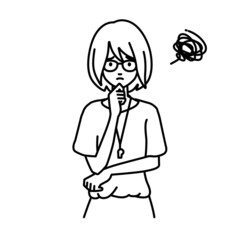 立って手をあごにあてて困っている教師の女性