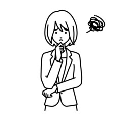 立って手をあごにあてて困っているスーツの女性