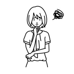 立って手をあごにあてて困っているオフィスカジュアルの女性