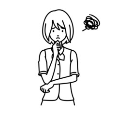 立って手をあごにあてて困っている事務員制服の女性