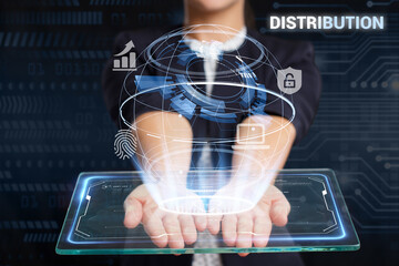Business, Technology, Internet and network concept. Young businessman working on a virtual screen of the future and sees the inscription: Distribution