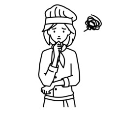 立って手をあごにあてて困っている調理師の女性