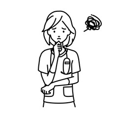 立って手をあごにあてて困っている看護師の女性