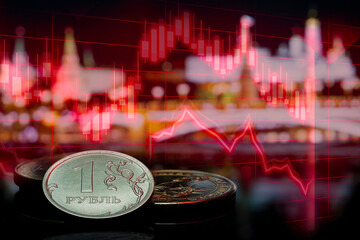 Ruble Euro Dollar Coins Ukraine Sanctions Kremlin Background Chart Plunge