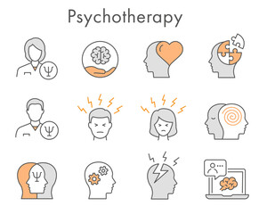 Psychotherapy icon set. Collection of mental, brain, emotion, doctor and more. Vector illustration. Editable Stroke.