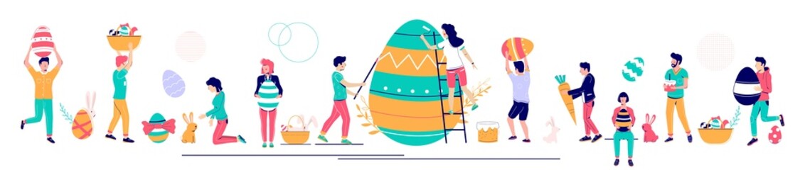 Happy Easter set, vector illustration. People decorating eggs, carrying Easter baskets feeding cute bunny with carrot.