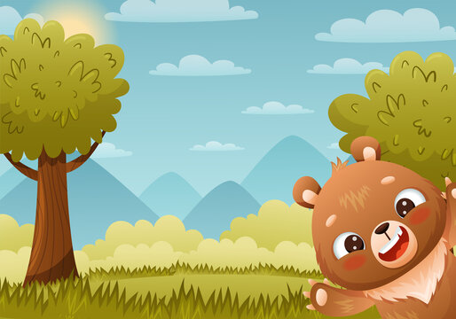 Baby bear laughs and looks out to the right. Clearing with trees in the background. Drawn in cartoon style. Vector illustration for designs, prints and patterns.