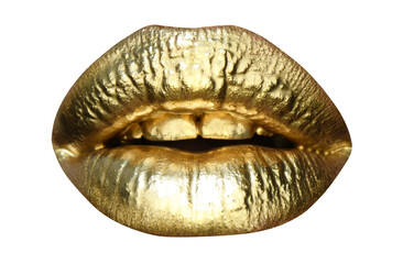 Gold lips, golden lipgloss on sexy lips, metallic mouth. Beauty woman makeup close up. Gold metal...