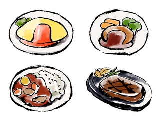 洋食セット。手描きベクターイラスト。