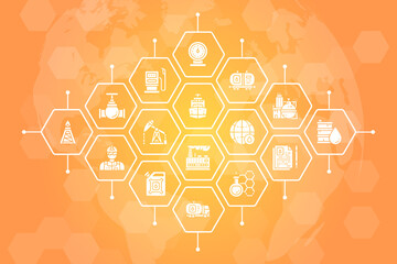 Oil industry vector illustration. Fuel Truck, Engineer, Gasoline, Cargo Ship line icons promotion banner. Web banner layout template.