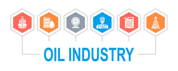 Oil industry icons illustration template. Fuel Truck, Engineer, Gasoline, Cargo Ship illustration for web banner. Web banner layout template.