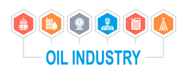 Oil industry icons illustration template. Fuel Truck, Engineer, Gasoline, Cargo Ship illustration for web banner. Web banner layout template.
