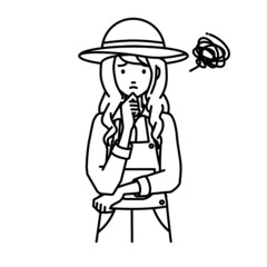 立って手をあごにあてて困っている農家の女性