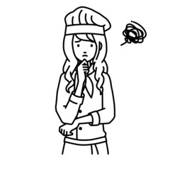 立って手をあごにあてて困っている調理師の女性