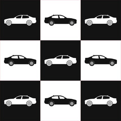 Flat pattern. Black and white car silhouettes on chess board background. Vector illustration