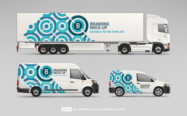 Vector Company Van,  Truck, Freight Car with blue branding design mock-up set. Abstract geometric graphics design for Business Corporate identity. Company Cars. Delivery Transport mockup