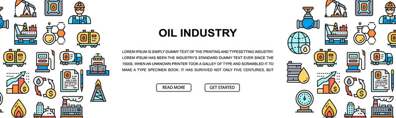 Oil industry horizontal colorful banner. Fuel Truck, Engineer, Gasoline, Cargo Ship illustration. Web banner layout template.