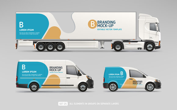 Vector Truck, Company Van, Delivery Car with branding design - realistic mock-up set. Abstract geometric graphics design for Business Corporate identity. Company Cars. Delivery Transport mockup