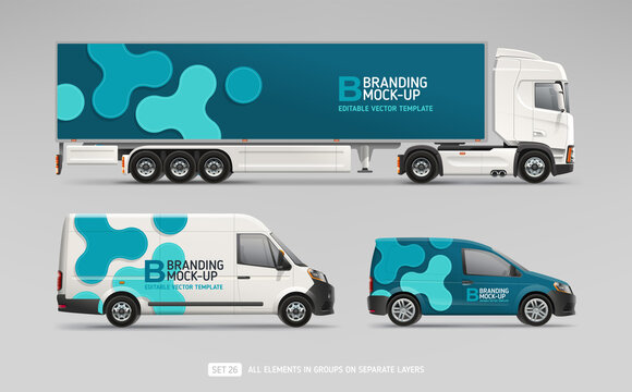 Realistic Trucks set, Cargo Van, Freight Car with branding design mock-up set. Abstract blue geometric graphics design for Business Corporate identity. Company Cars. Delivery Transport mockup