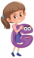 A girl holding alphabet letter on white background