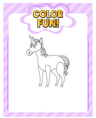 Worksheets template with color time! text and Unicorn outline