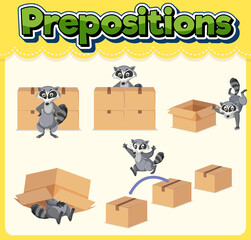 Preposition wordcard with raccoon and box