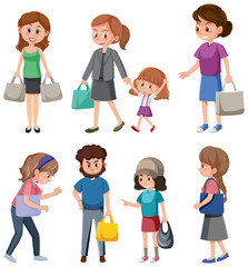 Set of cartoon character go shopping with shopping bag