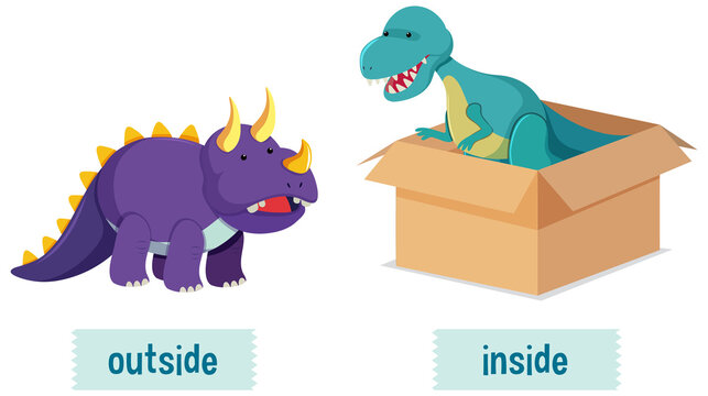 English prepositions with dinosaurs in and out of boxes