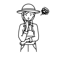 立って手をあごにあてて困っている農家の女性