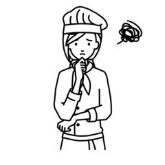 立って手をあごにあてて困っている調理師の女性