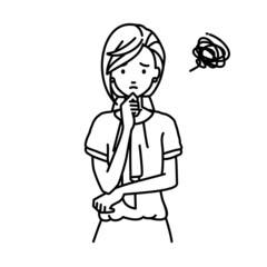 立って手をあごにあてて困っているオフィスカジュアルの女性