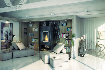 Luxury Sitting Group at Fireplace Inside a Villa - 3D Visualization
