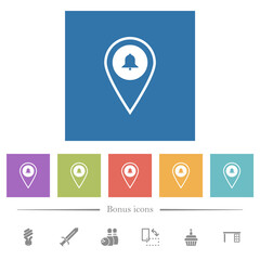 GPS location alarm flat white icons in square backgrounds
