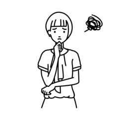 立って手をあごにあてて困っているオフィスカジュアルの女性