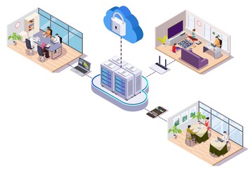 Connected to cloud storage people work at office, home, cafe. Remote work, data storage, vector isometric illustration.