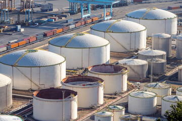 Gas storage tanks and containers seen in the commercial port of Barcelona