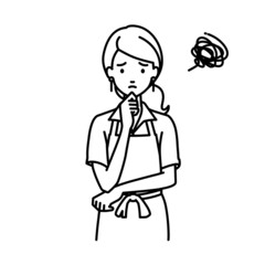 立って手をあごにあてて困っている店員の女性