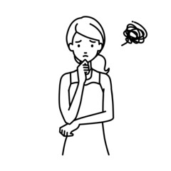 立って手をあごにあてて困っているドレスの女性