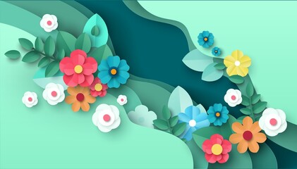 Paper cut flowers and leaves. Spring background. Floral poster, banner, flyer template, vector illustration. - obrazy, fototapety, plakaty