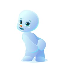 Little snowman shy. Cartoon person stands and smiles. Fun style. Child kid. Isolated on white background. Vector