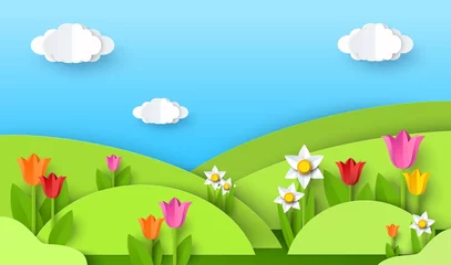 Fotobehang Lime groen Green grass hills, flowers, blue sky with clouds, vector paper cut illustration. Nature landscape, spring background.  © Siberian Art