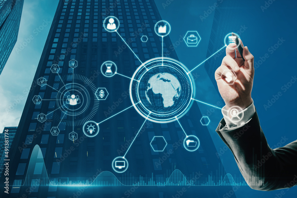 Aufkleber close up of man hand pointing at abstract glowing business data and earth hologram on blurry blue ci