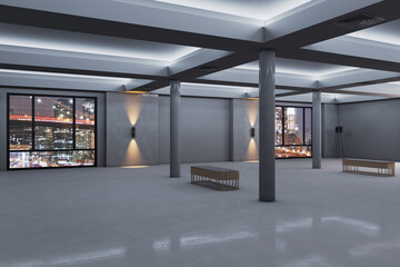 Contemporary spacious concrete exhibition interior with windows and night city view. Gallery concept. 3D Rendering.