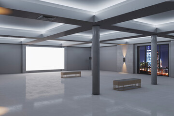 Modern spacious concrete exhibition interior with empty white mock up frame on wall, windows and night city view. Gallery concept. 3D Rendering.
