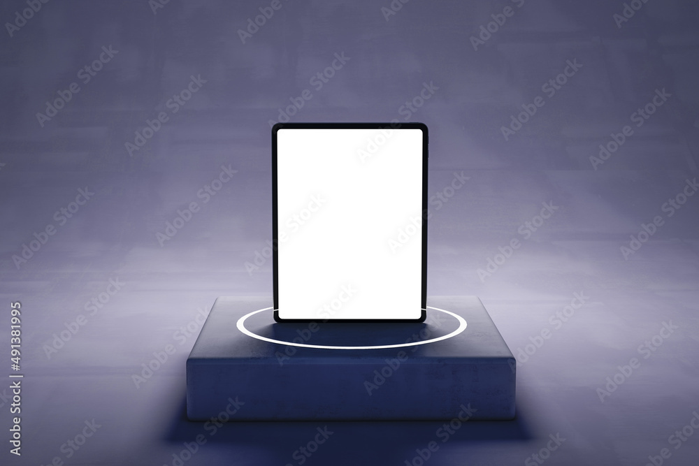 Aufkleber Close up of blank white pad on concrete pedestal. Technology and device presentation concept. Mock up, 3D Rendering.