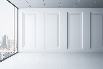 Fototapeta premium White bright corridor with window, bright city view and concrete floor. 3D Rendering.