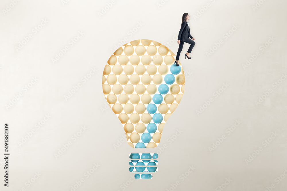 Poster european businesswoman in suit standing on abstract pattern light bulb on light background with mock