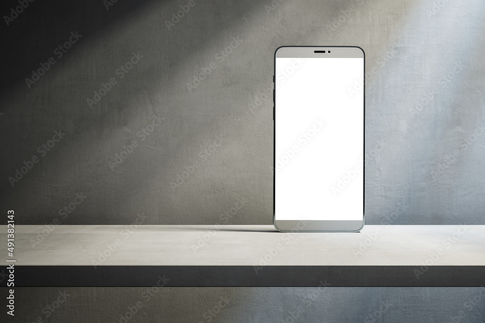 Poster Close up of empty white smartphone on desktop and concrete wall background with shadows and mock up place. Device presentation concept. 3D Rendering.
