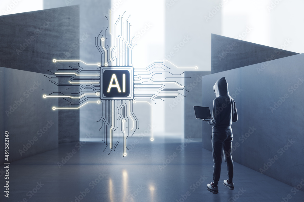 Aufkleber Attractive european hacker with laptop computer standing in concrete interior with abstract micro chip. AI and technology concept.