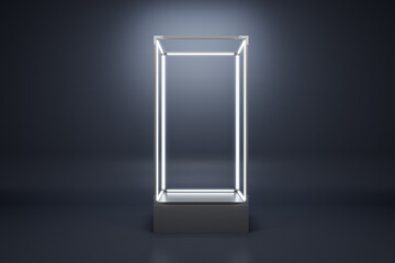 Empty illuminated glass showcase with mock up place on gray wall backdrop. 3D Rendering.